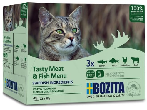 bozita cat multibox z mięsem i rybą w galaretce saszetki 12x85g karma mokra dla kota