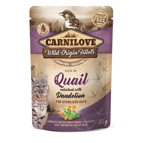 carnilove cat quail & dendelion sterilized 85g saszetka przepiórka z dodatkiem mniszka w sosie dla sterylizowanych