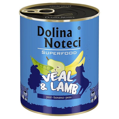 dolina noteci premium superfood cielęcina i jagnięcina 400g z dodatkiem gruszki, banana i groszku