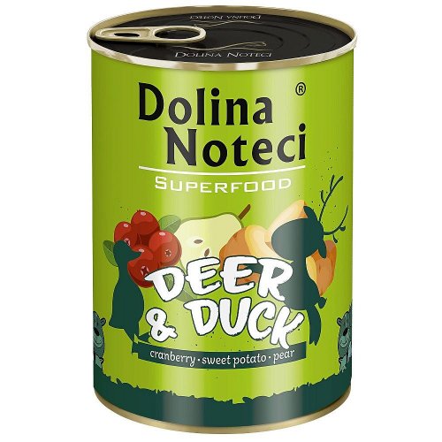 dolina noteci premium superfood jeleń i kaczka 400g z dodatkiem żurawiny, batata i gruszki