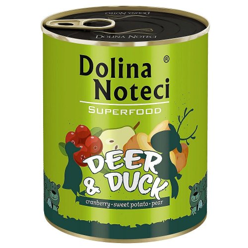 dolina noteci premium superfood jeleń i kaczka 800g  zestaw 6szt. z dodatkiem żurawiny, batata i gruszki