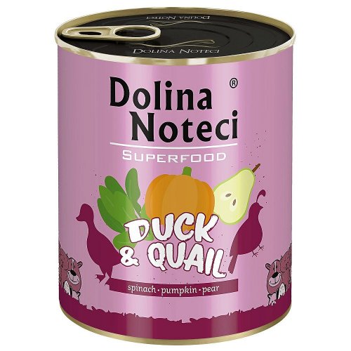 dolina noteci premium superfood kaczka i przepiórka 800g z dodatkiem szpinaku, dyni i gruszki