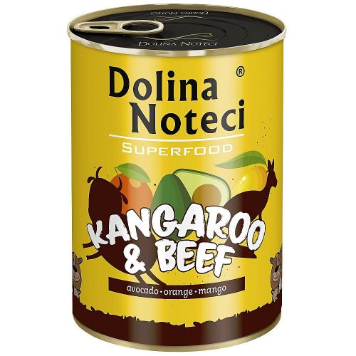 dolina noteci premium superfood kangur i wołowina 400g z dodatkiem awokado, pomarańczy i mango