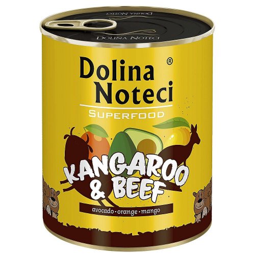 dolina noteci premium superfood kangur i wołowina 800g z dodatkiem awokado, pomarańczy i mango