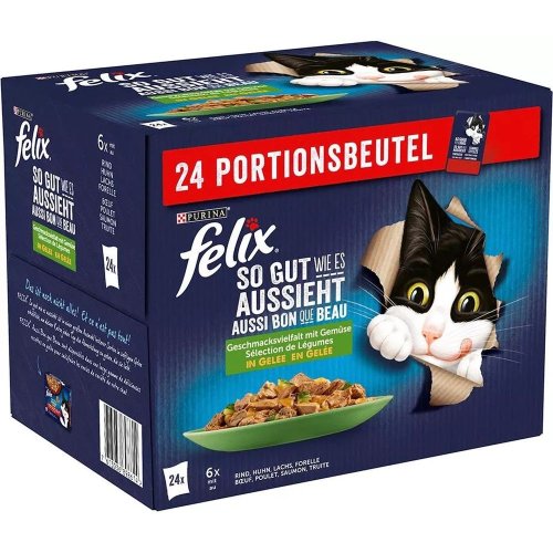 felix fantastic mięsne i rybne smaki z warzywami w galarecie 24 x 85g wołowina, kurczak, łosoś, pstrąg