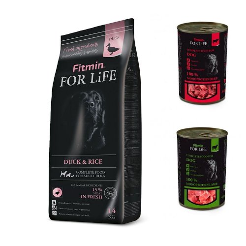 fitmin for life duck & rice 14kg + 2 puszki kaczka z ryżem