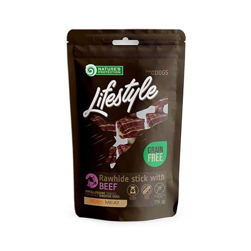 nature's protection lifestyle snacks rawhide stick with beef 75g  laski skóry wołowej z wołowiną, drobiem i dorszem 75g