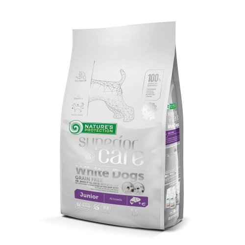 natures protection sc grain free white dogs junior all breeds 1,5kg dla szczeniąt białych ras z łososiem, bez zbóż