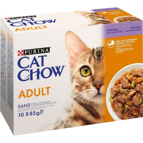 purina cat chow adult jagnięcina i zielona fasolka saszetki 10x85g pełnoporcjowa karma dla kotów.
