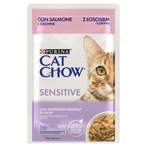 purina cat chow sensitive z Łososiem i cukinią w sosie 85g  pełnoporcjowa mokra krama dla dorosłych kotów
