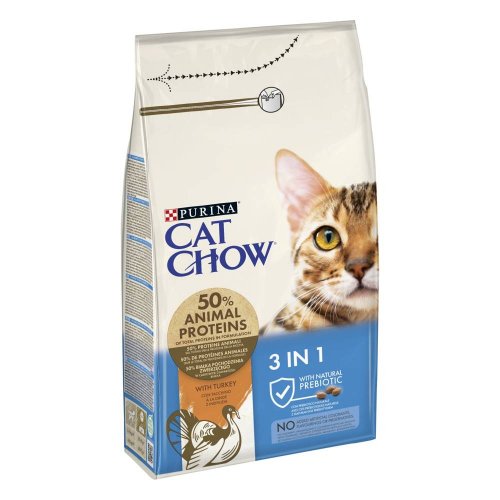 purina cat chow special care 3w1 indyk 1,5kg karma przeznaczona dla dorosłych kotów. pomaga kontrolować odkładanie się kul włosowych