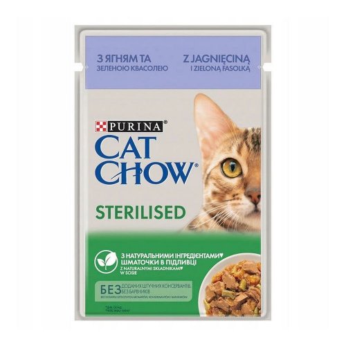 purina cat chow sterilised jagnięcina zielona fasolka w sosie 85g  karma pełnoporcjowa dla dorosłych sterylizowanych kotów.