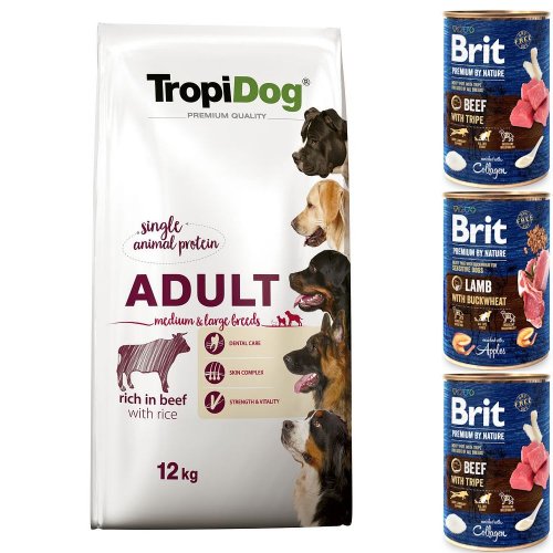 tropidog premium adult medium & large beef & rice 12kg + 3 puszki dla średnich i dużych ras z wołowiną i ryżem