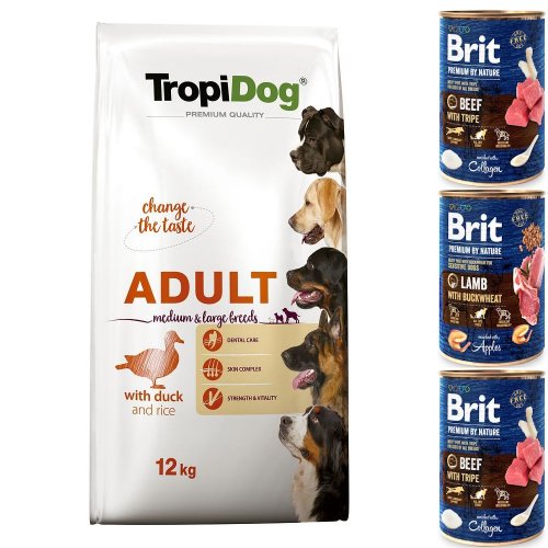 tropidog premium adult medium & large duck & rice 12kg + 3 puszki karma dla średnich i dużych ras z kaczką i ryżem