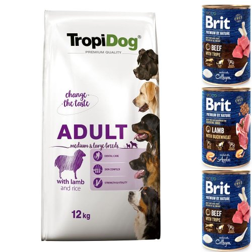 tropidog premium adult medium & large lamb & rice 12kg + 3 puszki karma dla średnich i dużych psów z jagnięciną i ryżem