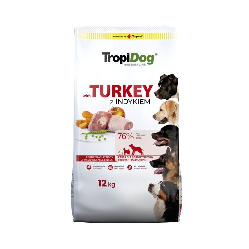 tropidog premium adult medium & large turkey & rice 12kg karma dla średnich i dużych ras z indykiem i ryżem