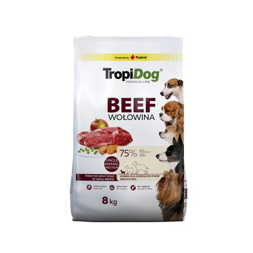tropidog premium adult small beef & rice 8kg dla dorosłych psów małych ras z wołowiną i ryżem