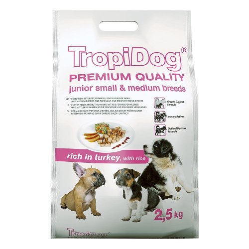 tropidog premium junior small & medium turkey & rice 2,5kg karma dla szczeniąt małych i średnich ras z indykiem i ryżem