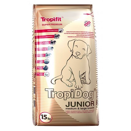 tropidog super premium junior [l] medium & large breeds turkey, salmon & eggs 15kg dla szczeniąt z indykiem, łososiem i jajami