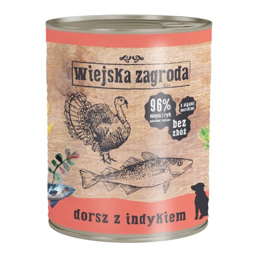 wiejska zagroda dorsz z indykiem 800g puszka karma mokra dla dorosłych psów