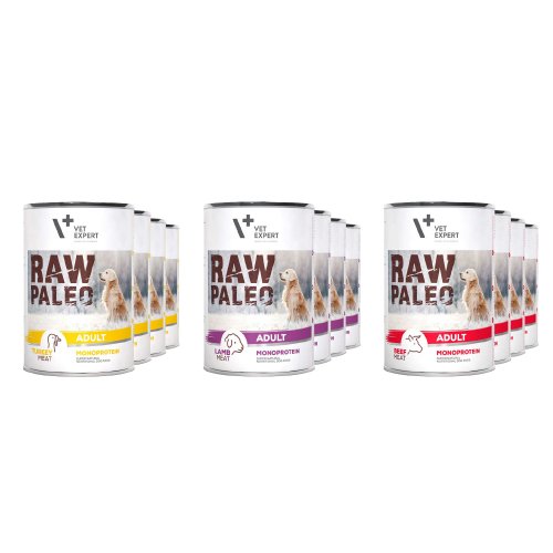zestaw raw paleo dla psów dorosłych mix  12szt x 400g puszka  karma mokra dla dorosłych psów