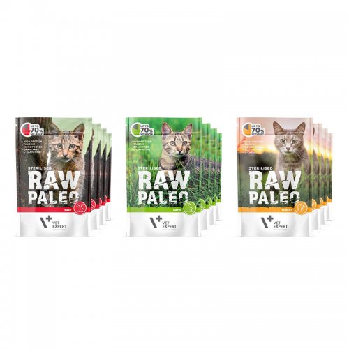 raw paleo sterilised  karma mokra dla kotów mix 12 x 100g saszetka dla kotów sterylizowanych
